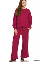 Zenana Cabernet Ribbed Round Neck Pullover and Drawstring Pants Set