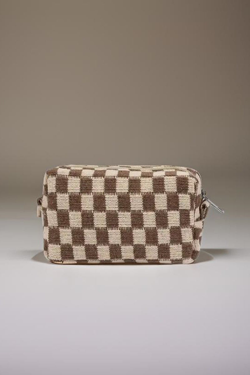 Zenana - 6 Colors- Checkered Pattern Knitted Cosmetic Pouch Mocha One Size