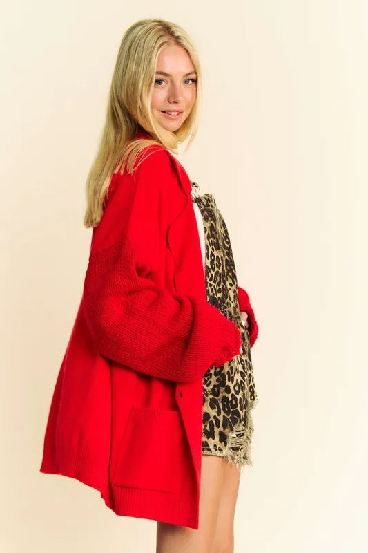 Davi & Dani Red Button Up Dropped Shoulder Cardigan with Pockets