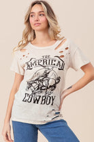BiBi Taupe Cotton Slub Laser Top American Cow Boy Graphic