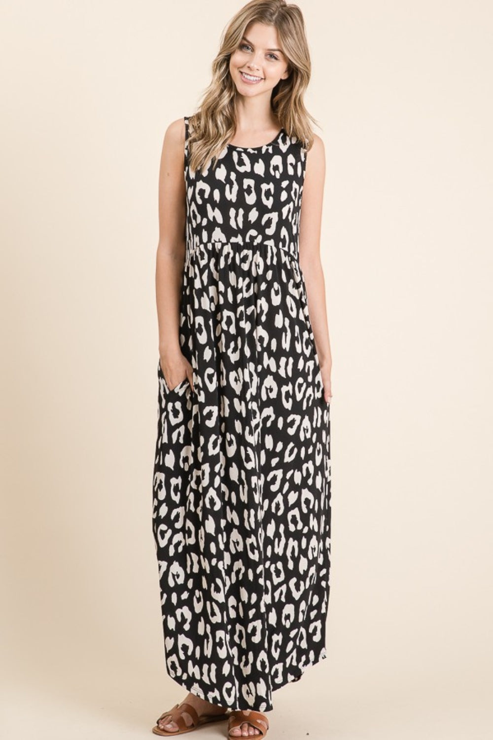 BOMBOM Black Leopard Maxi Dress with Pockets Trendsi