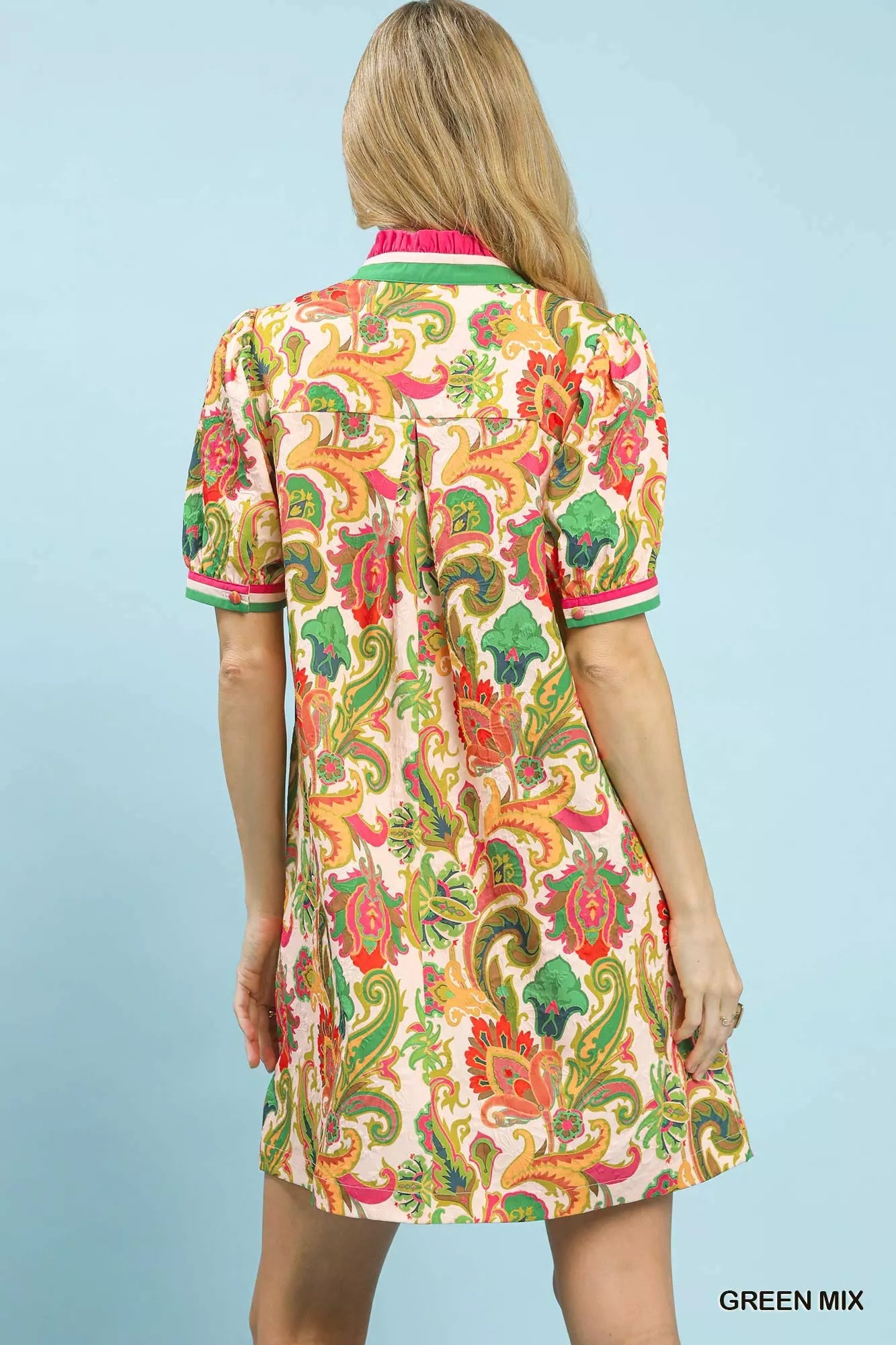 Umgee Green Mix Jacquard Abstract Print Mini Dress