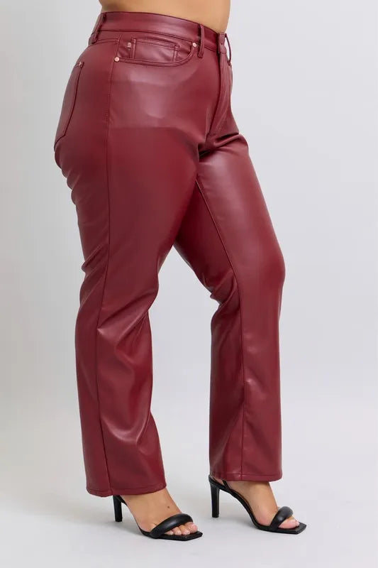 Judy Blue Red High Waist Tummy Control Faux Leather Straight Pants