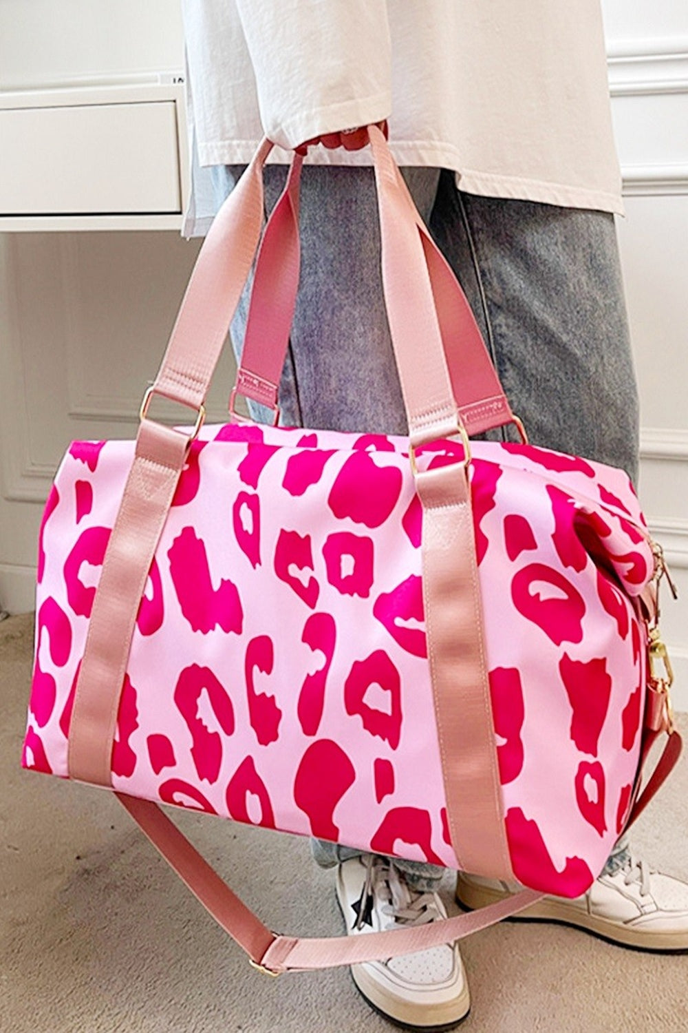 Zenana Leopard Travel Duffle Bag Pink One Size Trendsi