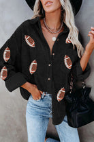 Preorder Sequin Football Black Button Up Long Sleeve Corduroy Jacket Trendsi