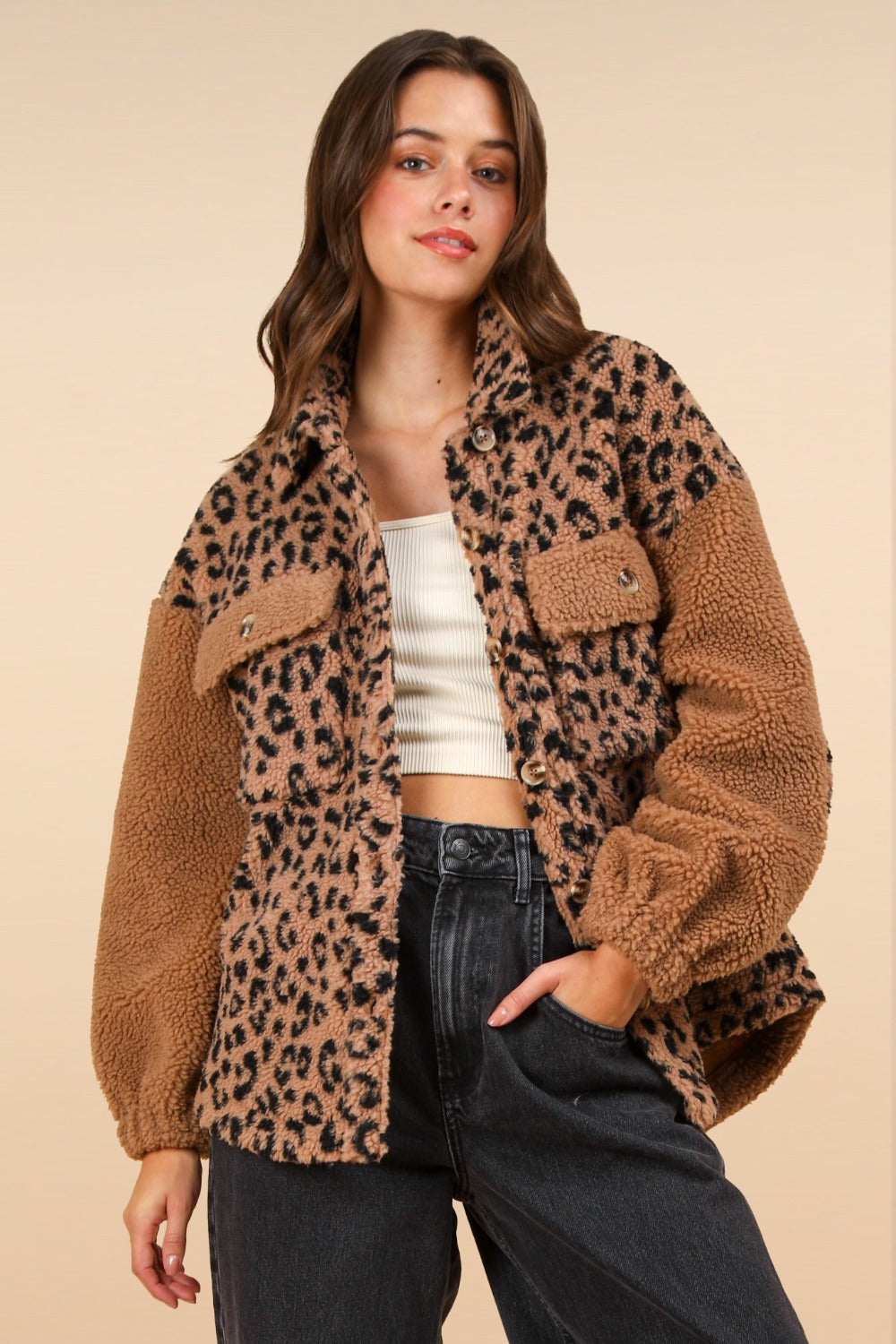 VERY J Fuzzy Leopard Button Down Long Sleeve Jacket Leopard Camel Trendsi