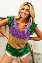 BiBi Mardi Gras Sequin Color Block Ruffled Top