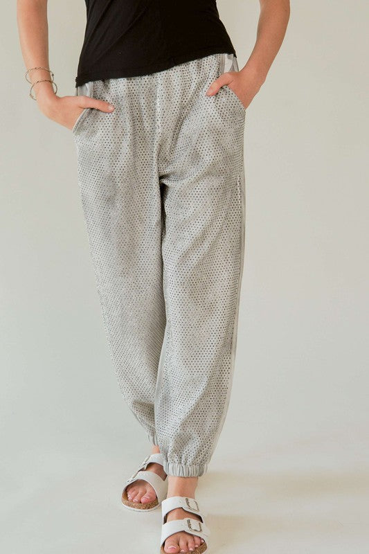 Davi & Dani Light Gray Rhinestone Elastic Waist Joggers Light Gray Pants