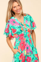 Haptics Multicolor Tropical Floral Smock Waist Tiered Midi Dress