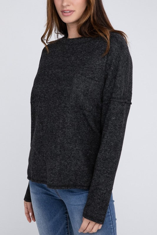 Zenana 4 Colors- Ribbed Brushed Melange Hacci Sweater with a Pocket BLACK Shirts & Tops