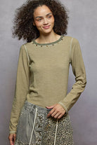 POL Olive Round Neck Long Sleeve Contrast Stitching T-Shirt with Stud Detail OLIVE