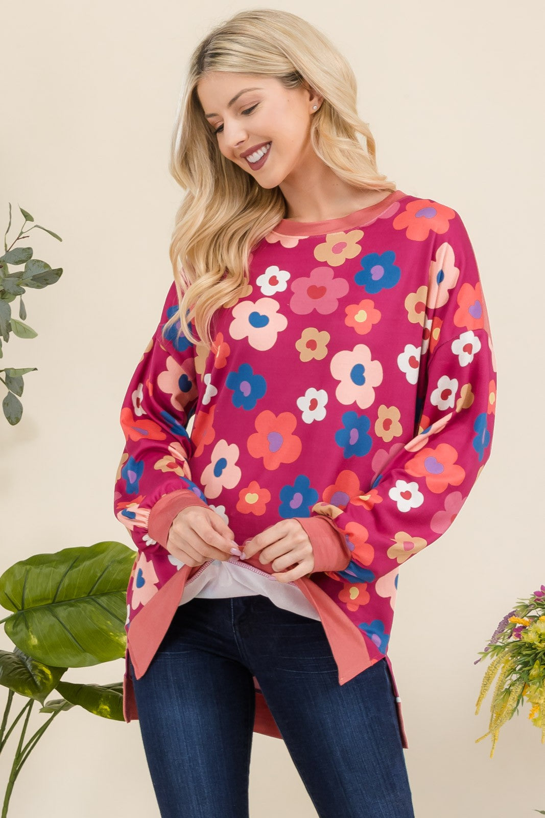 Celeste Fuchsia Floral Side Slit Flower Print Long Sleeve Top Shirts & Tops