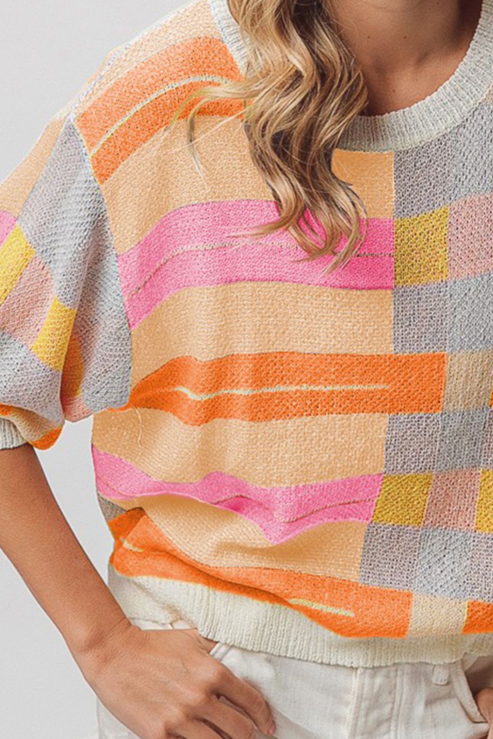 BiBi Orange Multi Color Striped Round Neck Knit Top Trendsi