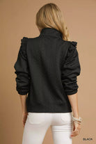 Umgee Black Half-zip Cable Knit Textured Pullover with Ruffle Shoulders