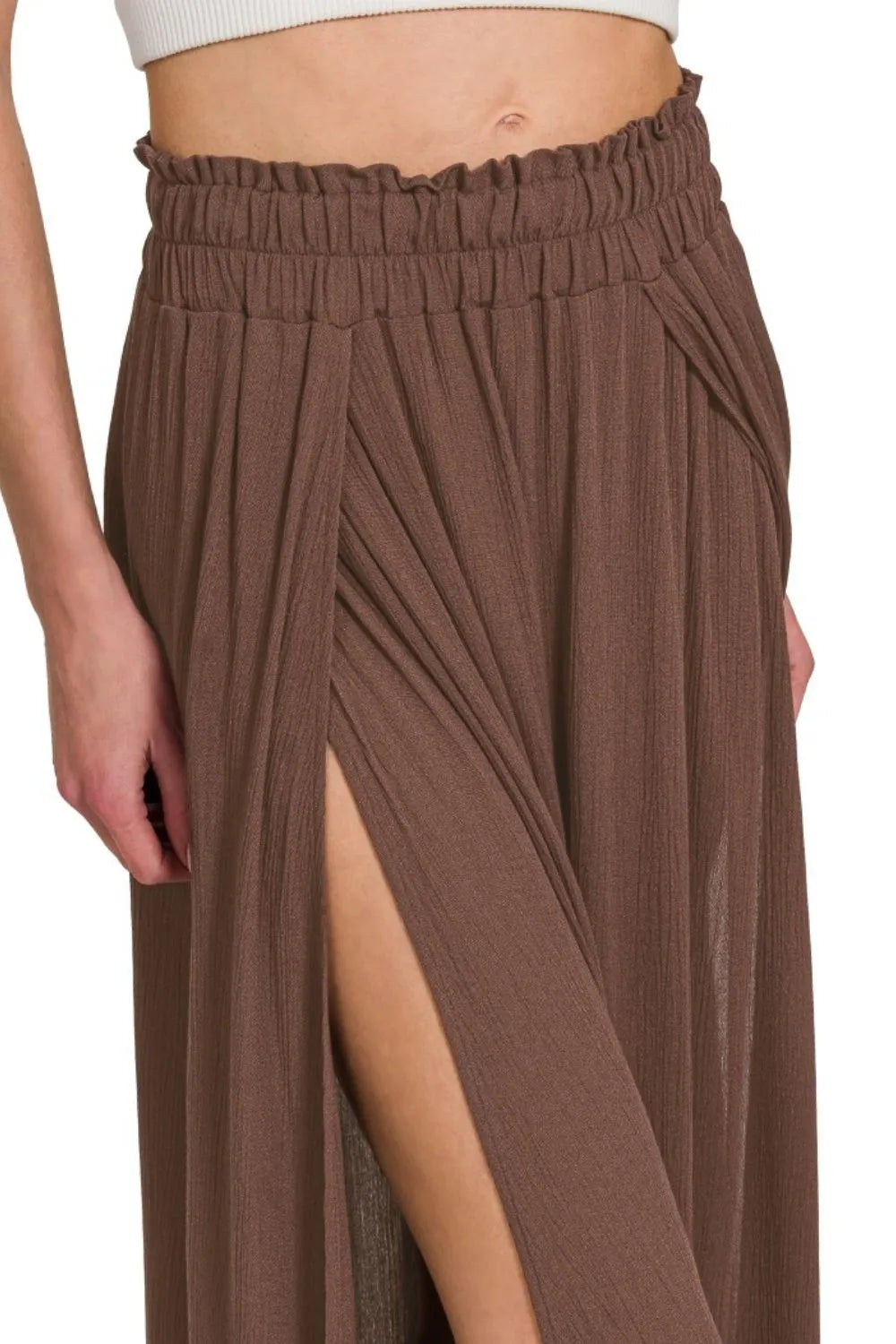 Zenana Brown Woven Crinkle Gauze Long Skirt