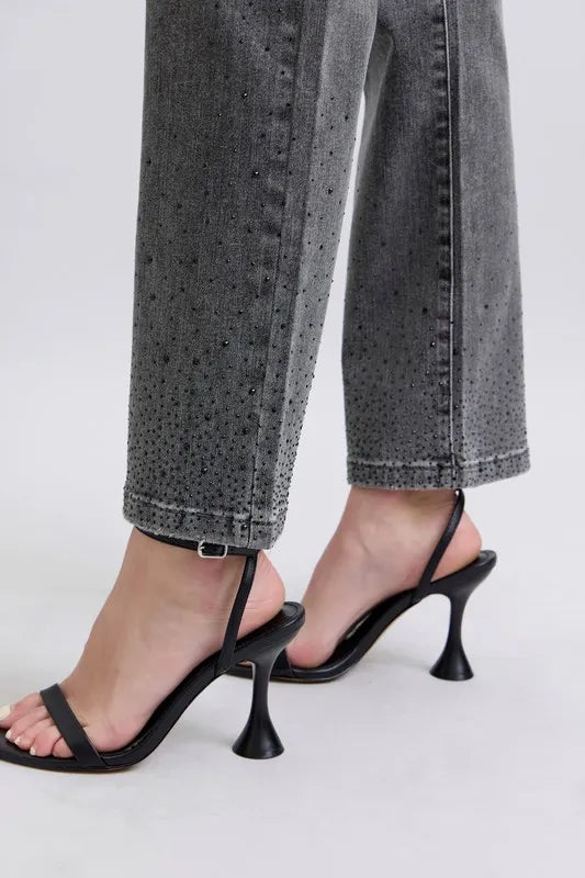 Judy Blue Gray High Waist Rhinestone Straight Jeans