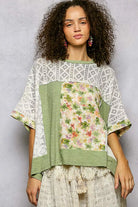 POL Sage Floral Patchwork Lace Accent Blouse SAGE
