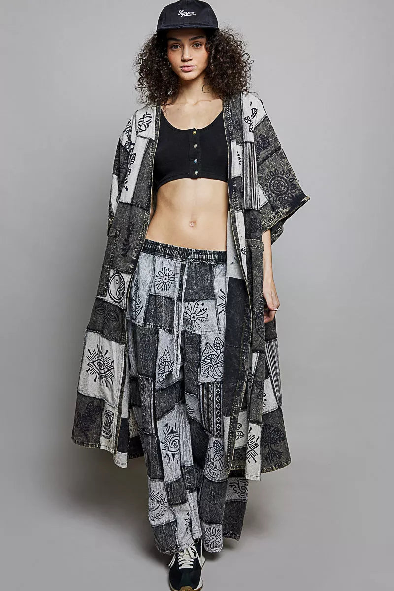 POL Black Multi Open Front Printed BohemianPatchwork Longline Cardigan