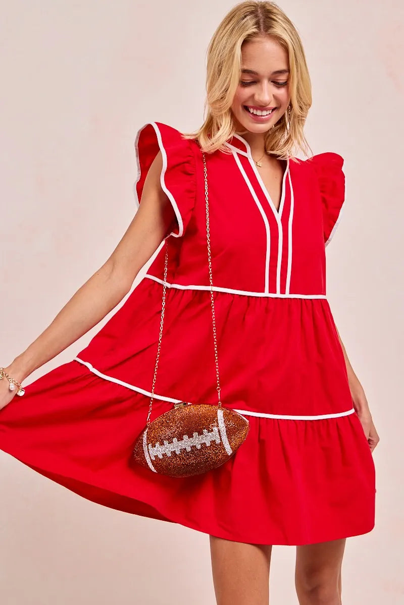 BiBi Red Game Day Theme Contrast Binding Ruffled Dress RED