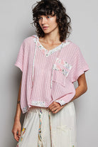 POL Short Sleeve Hooded Top with Back-Open & Pearl Details