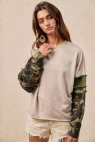 BiBi Camo Sleeve French Terry Top with Frayed Edge