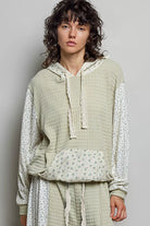 POL Sage Mixed Knit Contrast Print Sleeve Hoodie with Kangaroo Pocket SAGE MULTI