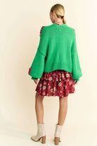 Davi & Dani Green Floral Applique Open Front Drop Shoulder Cardigan Trendsi