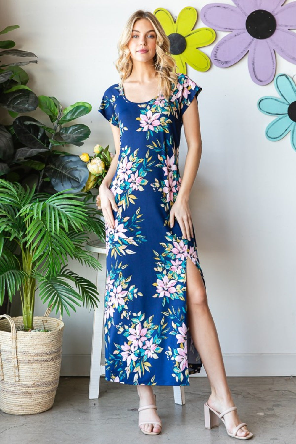 Heimish Floral Short Sleeve Slit Maxi Dress Navy Multi Trendsi
