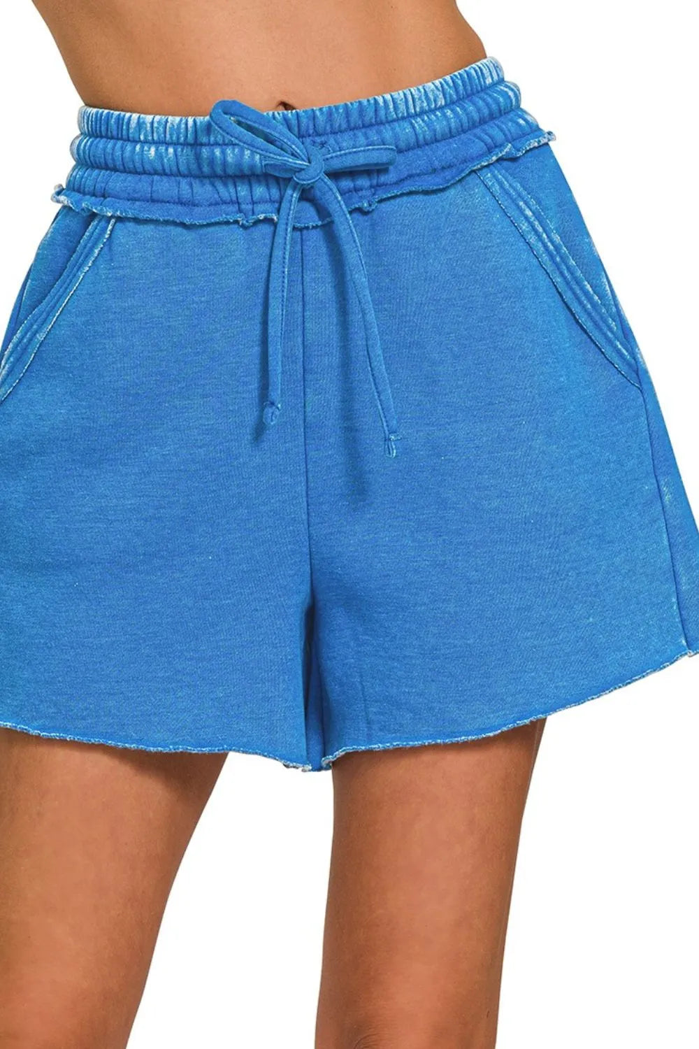 Zenana Ocean Blue Acid Wash Fleece Drawstring Shorts With Pockets OCEAN BLUE