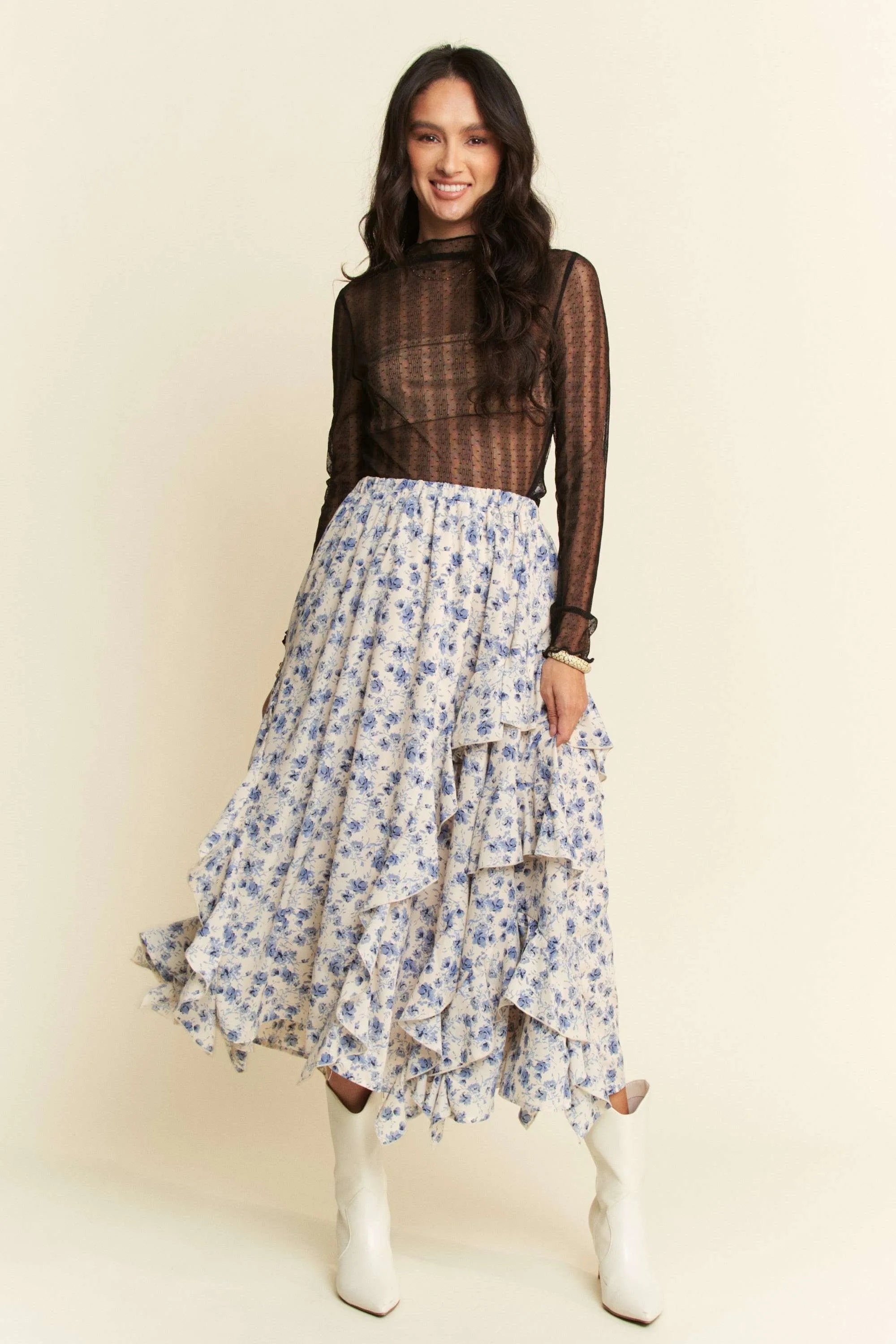Davi & Dani Black Turtle Neck Lace Dotted Stretch Mesh Sheer Top