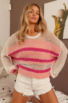 BiBi Ivory & Pink Hollowed Out Yoke Detail Striped Sweater
