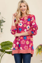 Celeste Fuchsia Floral Side Slit Flower Print Long Sleeve Top Shirts & Tops