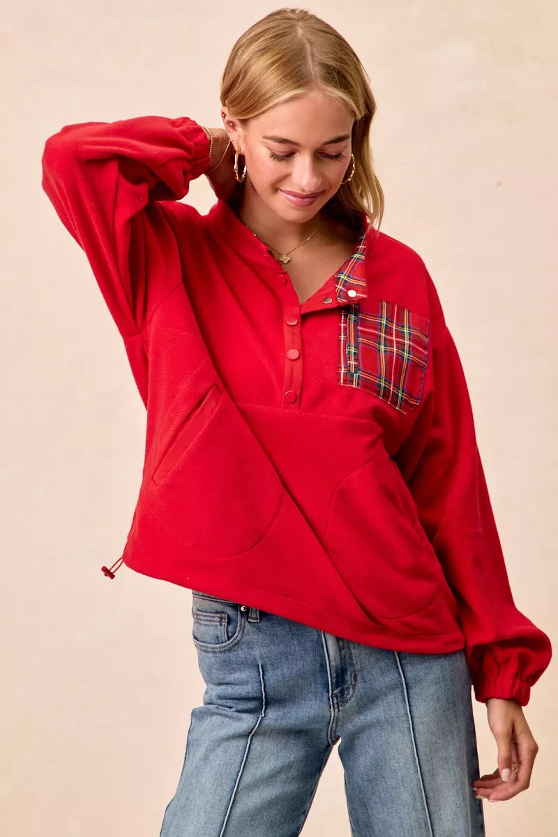 BiBi Red Christmas Theme Fleece Buttoned Top with Pockets