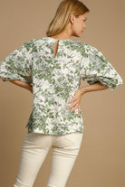 Umgee Sage Floral Pleated Detail Lace Trim Sleeve Blouse Shirts & Tops