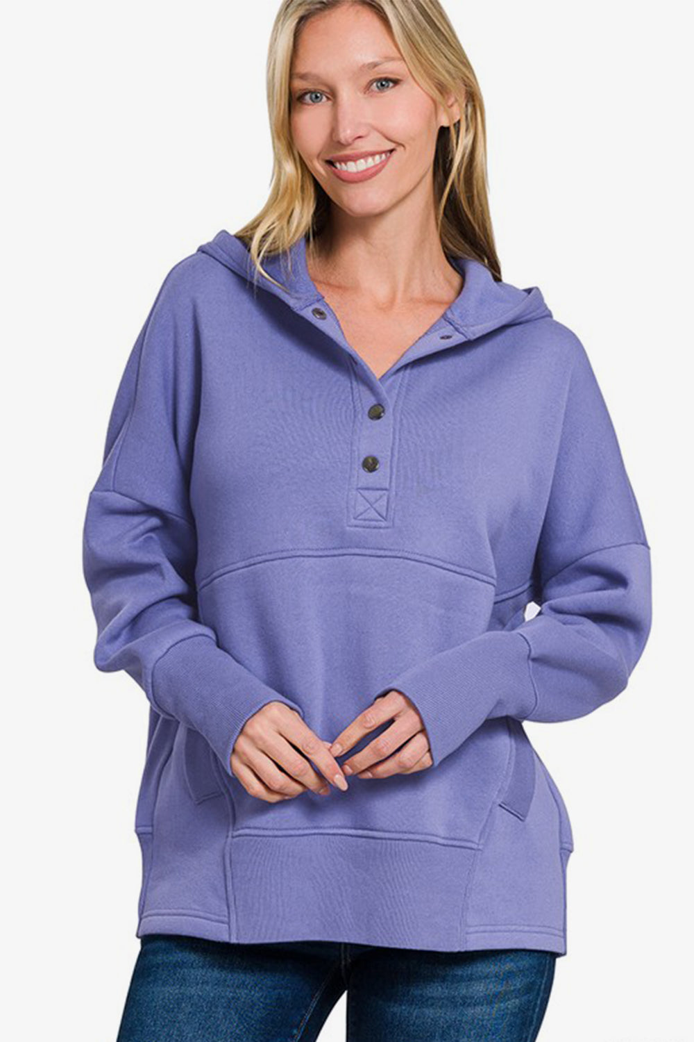 Zenana Blue Purple Half Snap Long Sleeve Hoodie with Kangaroo Pocket Blue Purple Shirts & Tops