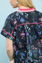 Umgee Black Botanical Floral Button Front Top