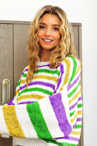 BiBi Ivory Mardi Gras Colors Stripe Comfy Sweater