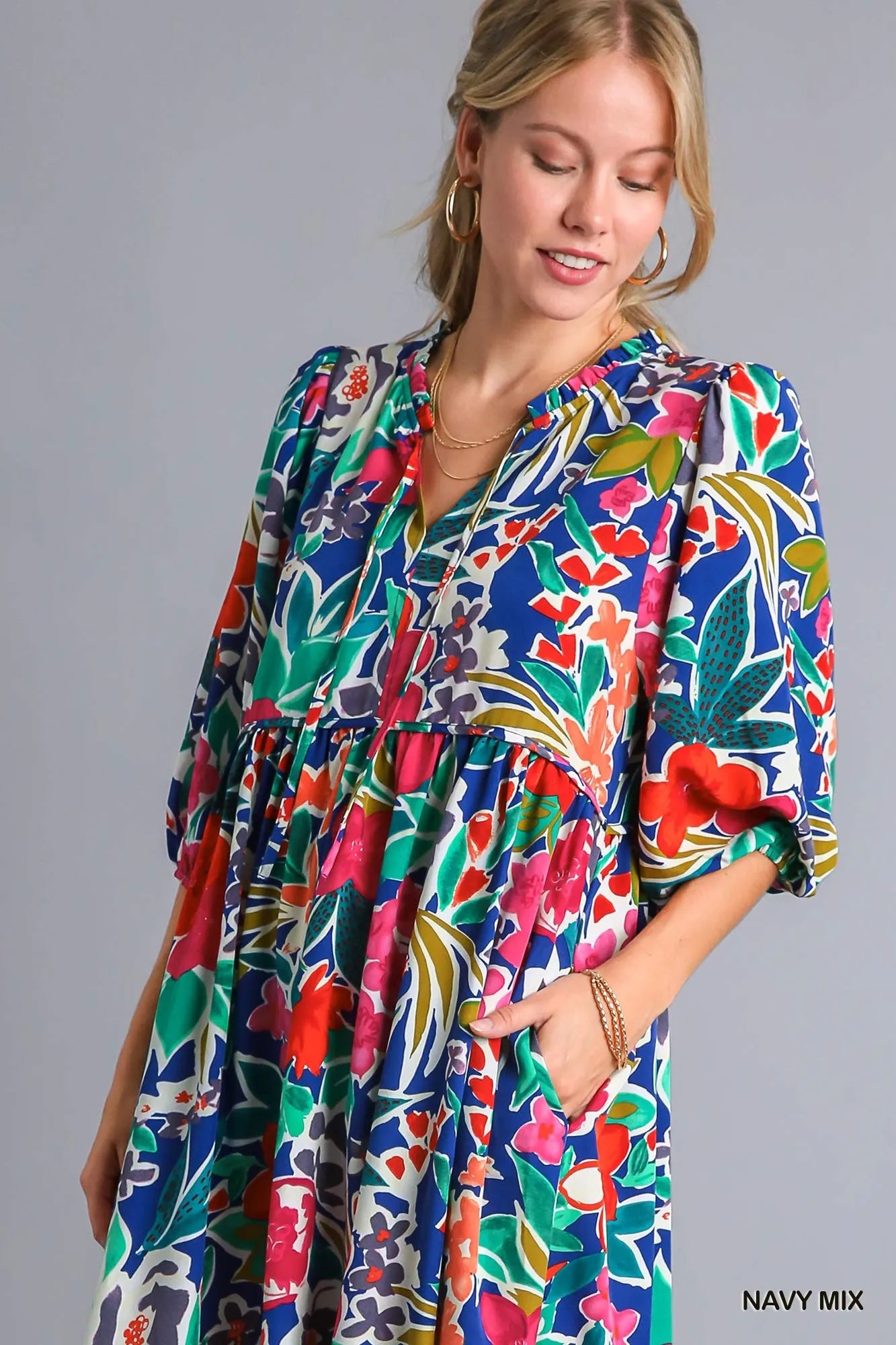 Umgee Navy Mix Floral Print Tie Neck Midi Dress with Pockets