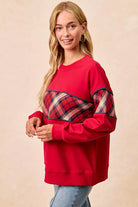 BiBi Red Christmas Theme Plaid Block Sweatshirt with Binding