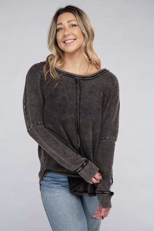 Zenana Plus Size Washed Baby Waffle Oversized Long Sleeve Top ZENANA