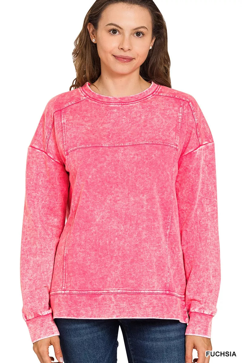 Zenana Acid Wash French Terry Exposed-Seam Pullover FUCHSIA