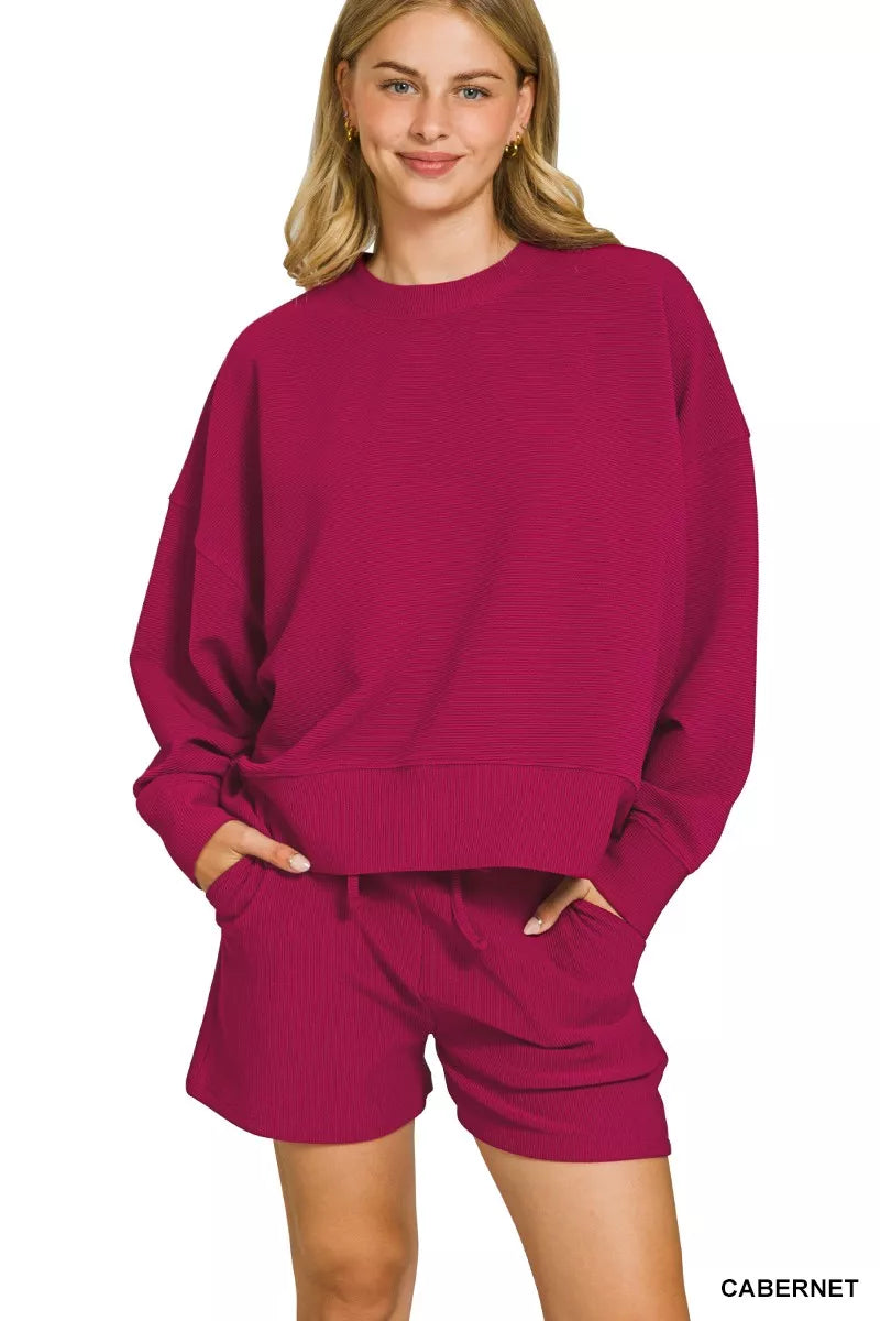 Zenana Cabernet Ribbed Round Neck Pullover and Shorts Set