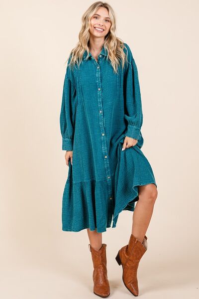 Mittoshop Topaz Blue Mineral Wash Cotton Gauze Ruffle Midi Shirt Dress Topaz Blue