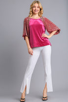 Umgee Raspberry Velvet Round Neck Leopard Balloon Sleeve Top Shirts & Tops