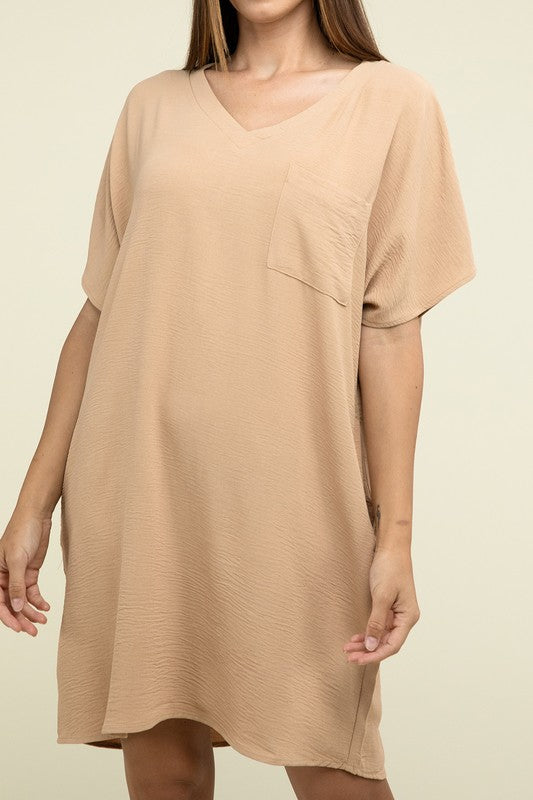 Zenana Woven Airflow V Neck T-Shirt Dress with Pockets DK BRUSH ZENANA
