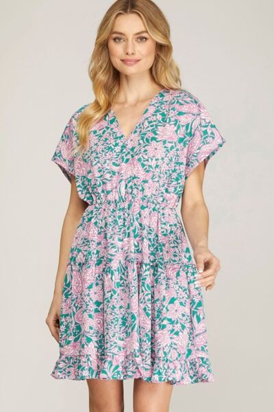 She + Sky Turquoise Ruffled Hem Printed Surplice Kimono Sleeve Mini Dress Plus Size Turquoise