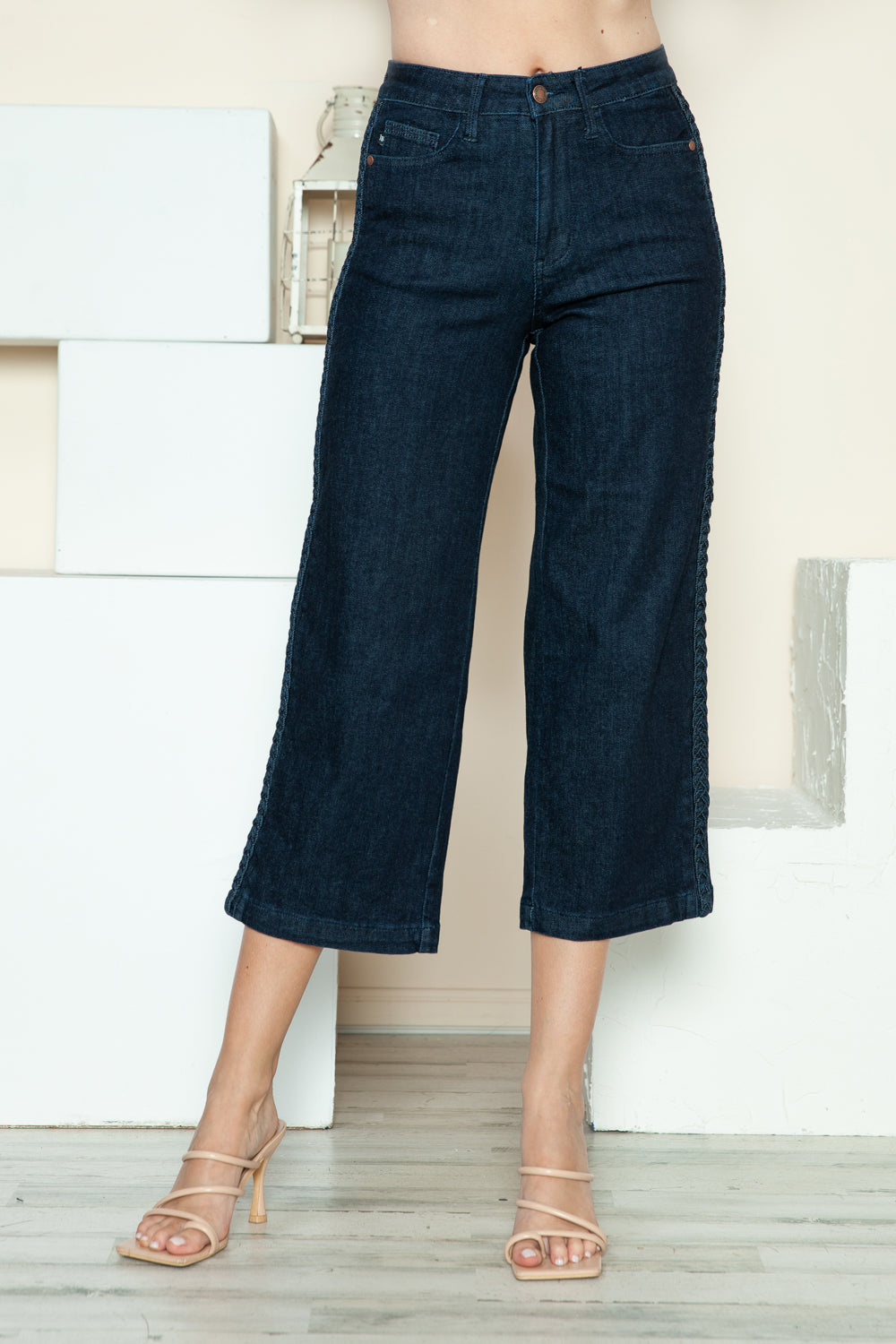 Judy Blue Dark Washed Side Seam Braid Detail Crop Wide Leg Jeans Dark Jeans