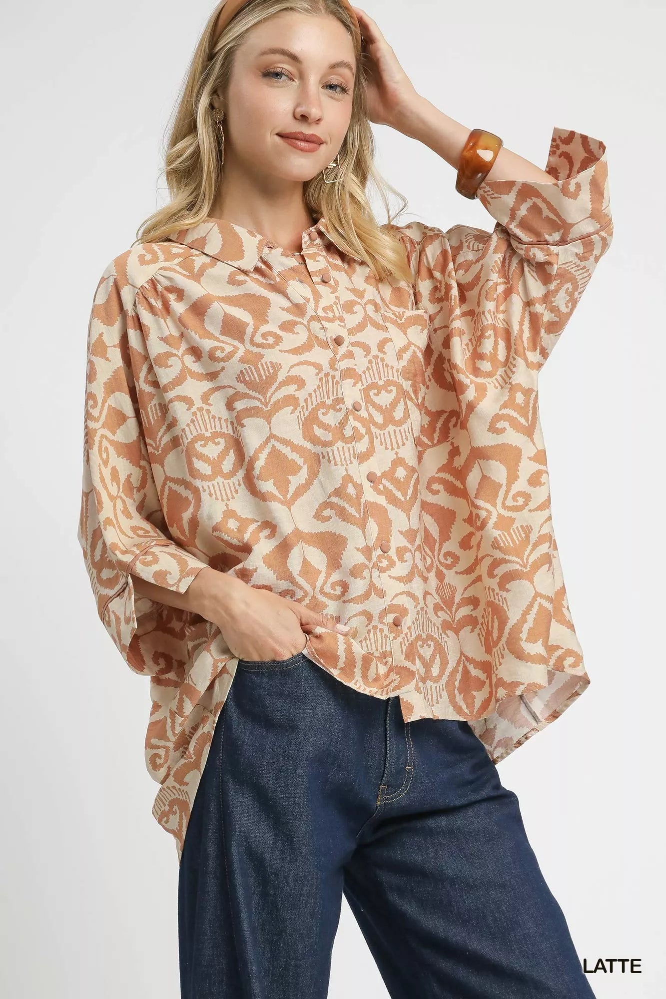 Umgee Latte Abstract Print Button-Up Oversized Shirt