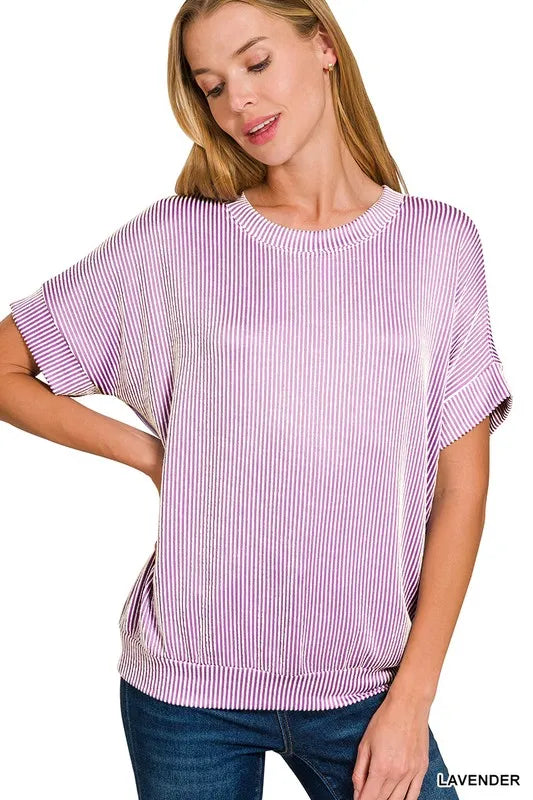 Zenana Lavender Corded Rib Short Sleeve T-Shirt LAVENDER