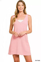 Zenana Dark Pink Washed Slub Adjustable Strap Overall Dress